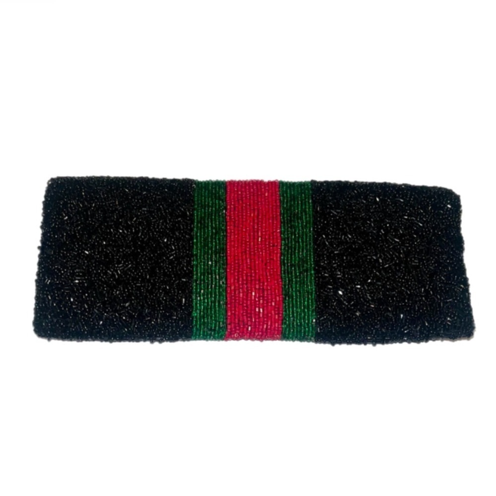 NWOT Tiana Black Beaded Clutch with Red and Green Stripe - Picture 2 of 4